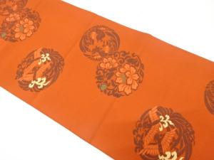 尾長鳥に花丸模様織り出し　袋帯